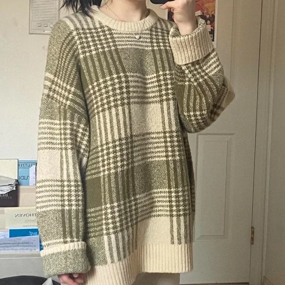 OAK + FORT Olive and Beige Plaid Sweater - Picture 3 of 3